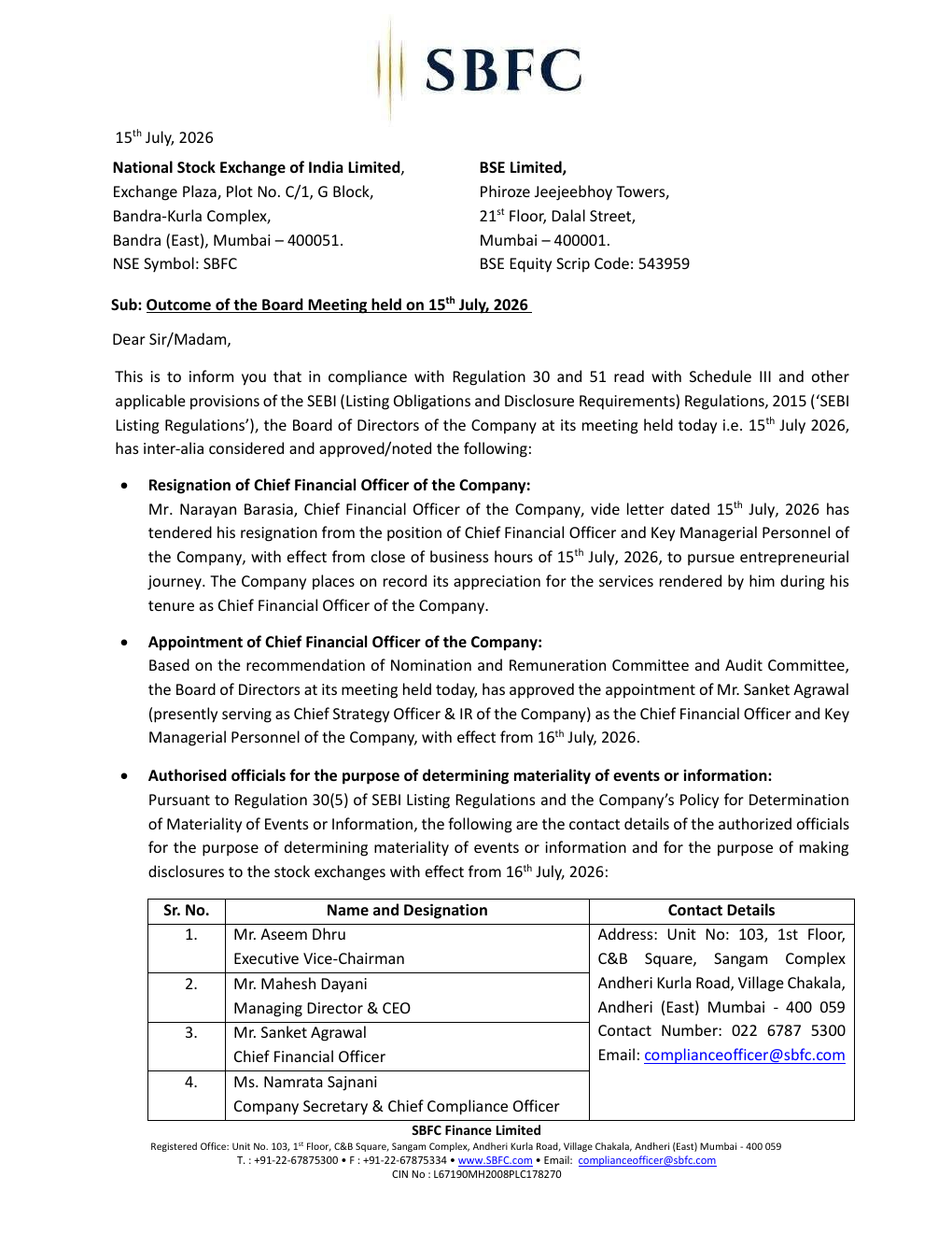 Page one of SBFC Finance Limited's board meeting outcome filing