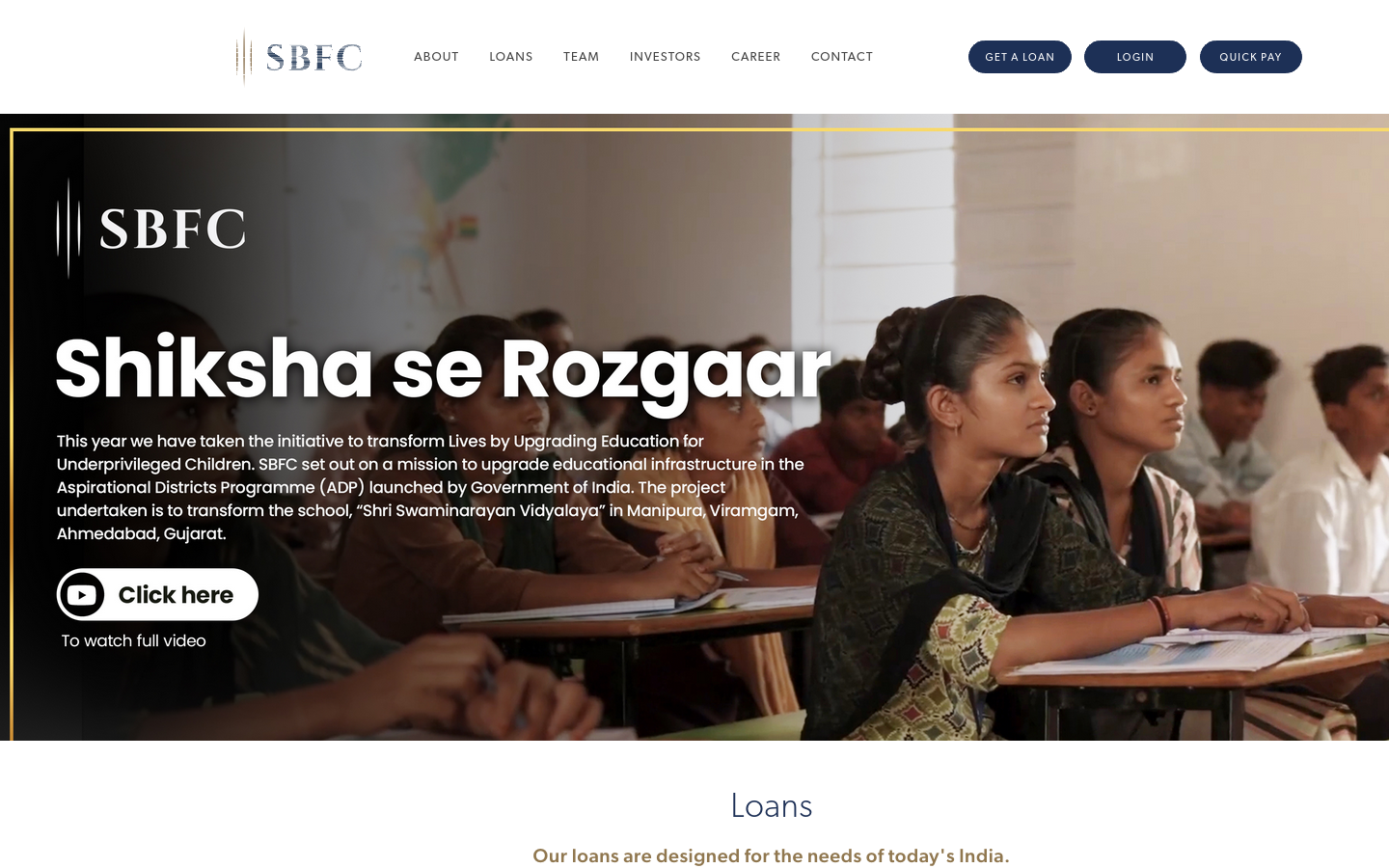 Homepage of SBFC Finance Limited, captured by IndiaTicker